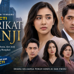 Poster sinetron Terikat Janji RCTI menampilkan pasangan utama dengan latar kota dan nuansa drama keluarga penuh konflik emosional.