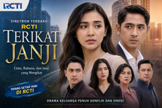 Poster sinetron Terikat Janji RCTI menampilkan pasangan utama dengan latar kota dan nuansa drama keluarga penuh konflik emosional.