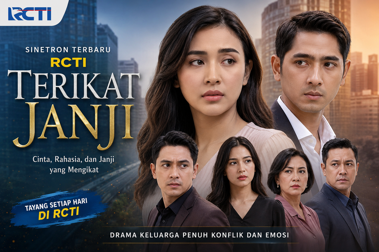Poster sinetron Terikat Janji RCTI menampilkan pasangan utama dengan latar kota dan nuansa drama keluarga penuh konflik emosional.