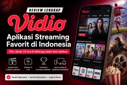 Banner aplikasi Vidio sebagai platform streaming film, serial, TV live, dan olahraga favorit di Indonesia.