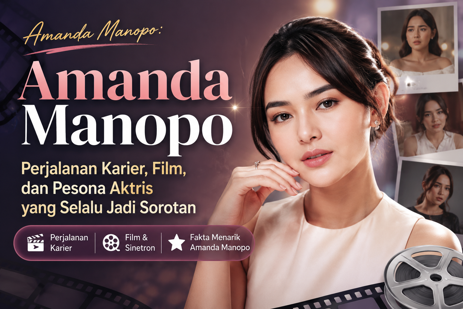 Potret Amanda Manopo dengan latar bertema perfilman yang menggambarkan perjalanan karier, film, dan pesona aktris Indonesia yang selalu menjadi sorotan publik.