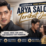 Banner ilustrasi comeback Arya Saloka dalam sinetron Terikat Janji dengan nuansa drama romantis dan konflik keluarga.