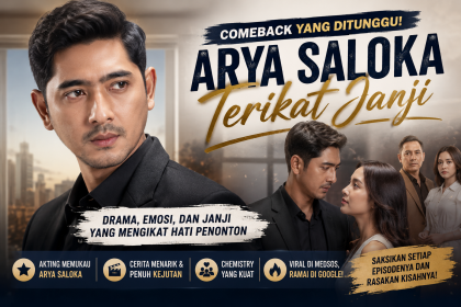 Banner ilustrasi comeback Arya Saloka dalam sinetron Terikat Janji dengan nuansa drama romantis dan konflik keluarga.