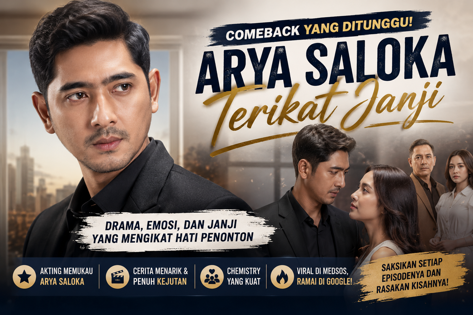 Banner ilustrasi comeback Arya Saloka dalam sinetron Terikat Janji dengan nuansa drama romantis dan konflik keluarga.