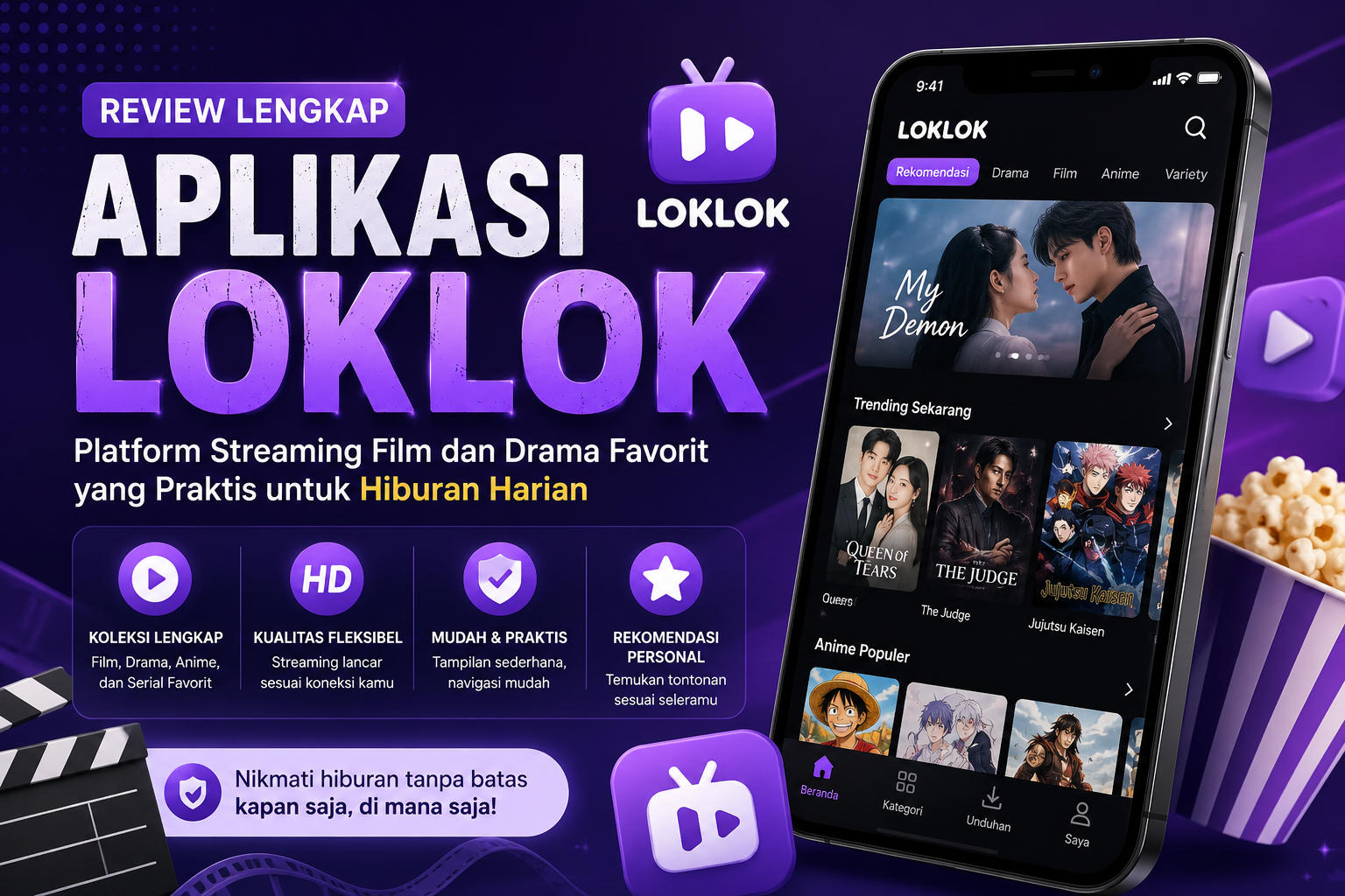 Banner aplikasi Loklok dengan tampilan platform streaming film, drama, dan anime favorit yang praktis untuk hiburan harian lengkap dengan fitur koleksi konten, kualitas HD, dan rekomendasi tontonan.
