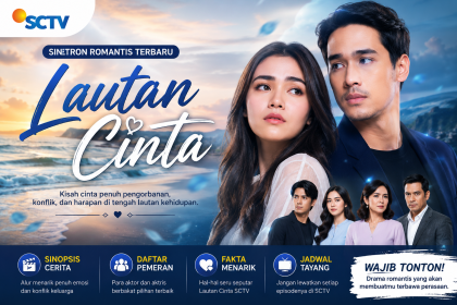 Banner sinetron Lautan Cinta SCTV menampilkan pasangan pemeran utama dengan latar pantai dan suasana romantis serta informasi sinopsis, daftar pemeran, dan fakta menarik.