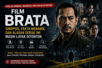 Banner Film Brata menampilkan ilustrasi detektif dalam penyelidikan kasus kriminal dengan nuansa thriller misteri Indonesia.
