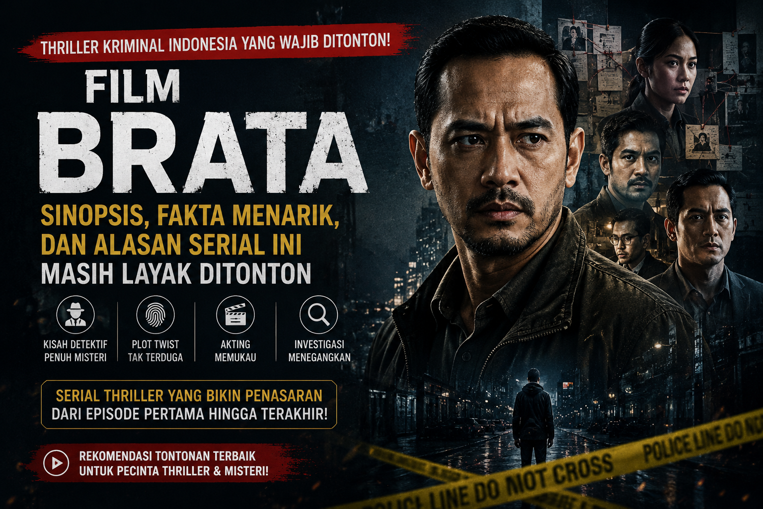 Banner Film Brata menampilkan ilustrasi detektif dalam penyelidikan kasus kriminal dengan nuansa thriller misteri Indonesia.