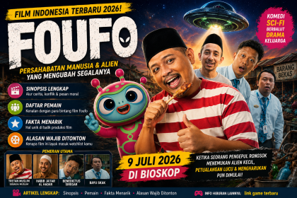 Banner Film Foufo menampilkan Tretan Muslim, Bayu Skak, Habib Ja'far, Benedictus Siregar, karakter alien Foufo, serta informasi sinopsis, daftar pemain, fakta menarik, dan alasan wajib ditonton.