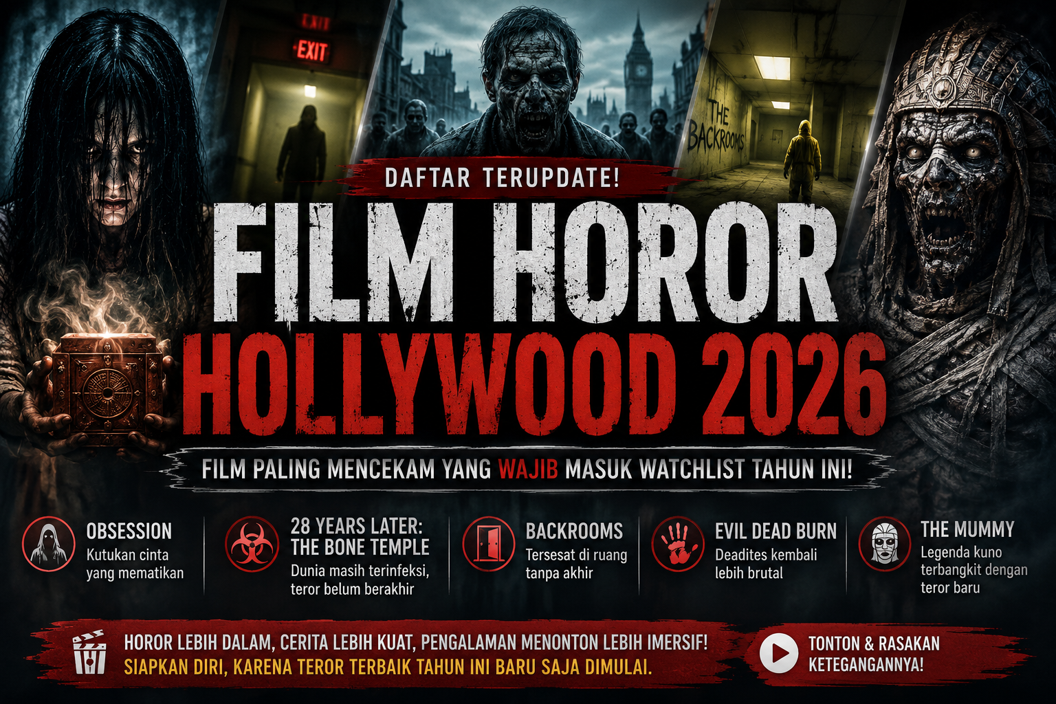Film Horor Hollywood 2026 menampilkan daftar film horor terbaru seperti Obsession, 28 Years Later: The Bone Temple, Backrooms, Evil Dead Burn, dan The Mummy.
