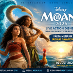 Banner Film Moana 2026 live action Disney menampilkan Moana dan Maui dengan latar lautan serta informasi jadwal tayang 10 Juli 2026.