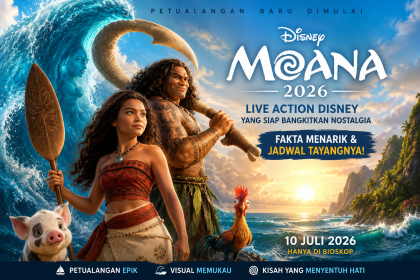 Banner Film Moana 2026 live action Disney menampilkan Moana dan Maui dengan latar lautan serta informasi jadwal tayang 10 Juli 2026.