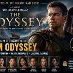 Banner Film Odyssey karya Christopher Nolan yang menampilkan Odysseus, kapal di tengah badai, dan nuansa mitologi Yunani.
