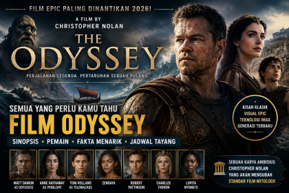 Banner Film Odyssey karya Christopher Nolan yang menampilkan Odysseus, kapal di tengah badai, dan nuansa mitologi Yunani.