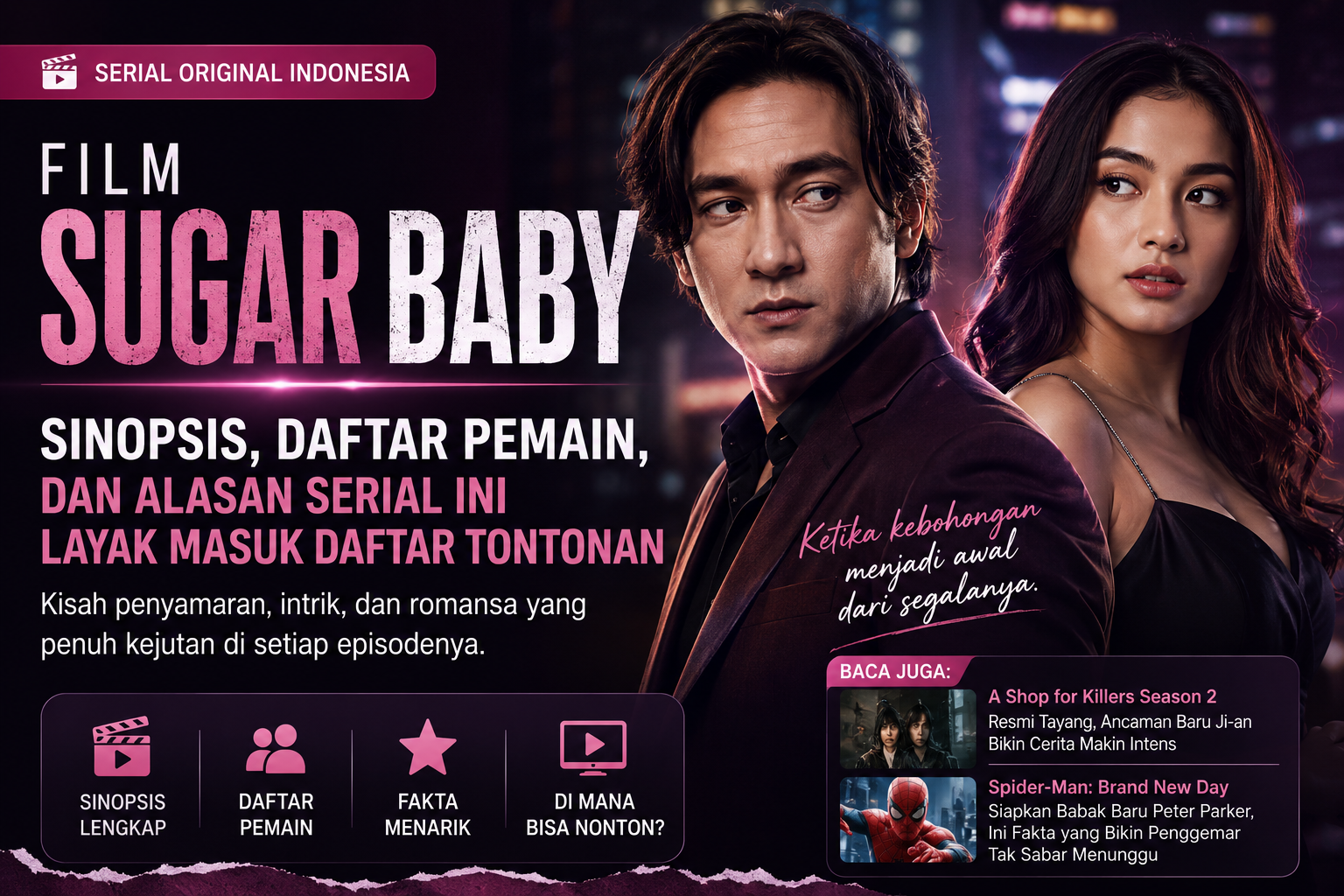 Banner Film Sugar Baby menampilkan ilustrasi sinopsis, daftar pemain, dan fakta menarik serial original Indonesia.