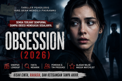 Banner film Obsession (2026) menampilkan ilustrasi thriller psikologis dengan nuansa gelap, sosok misterius, dan suasana penuh ketegangan.