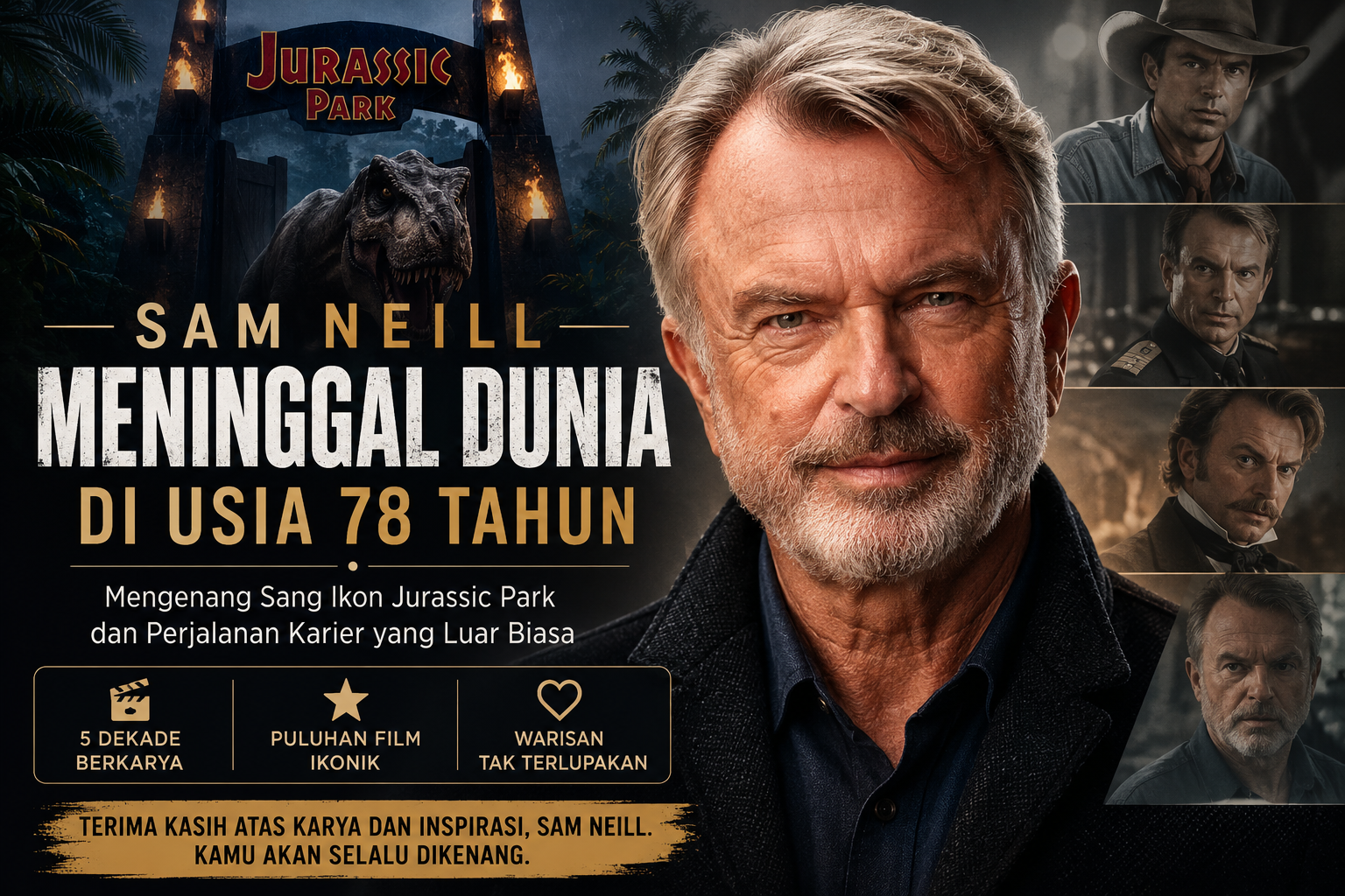 Ilustrasi penghormatan kepada Sam Neill, aktor Jurassic Park, yang meninggal dunia pada usia 78 tahun.