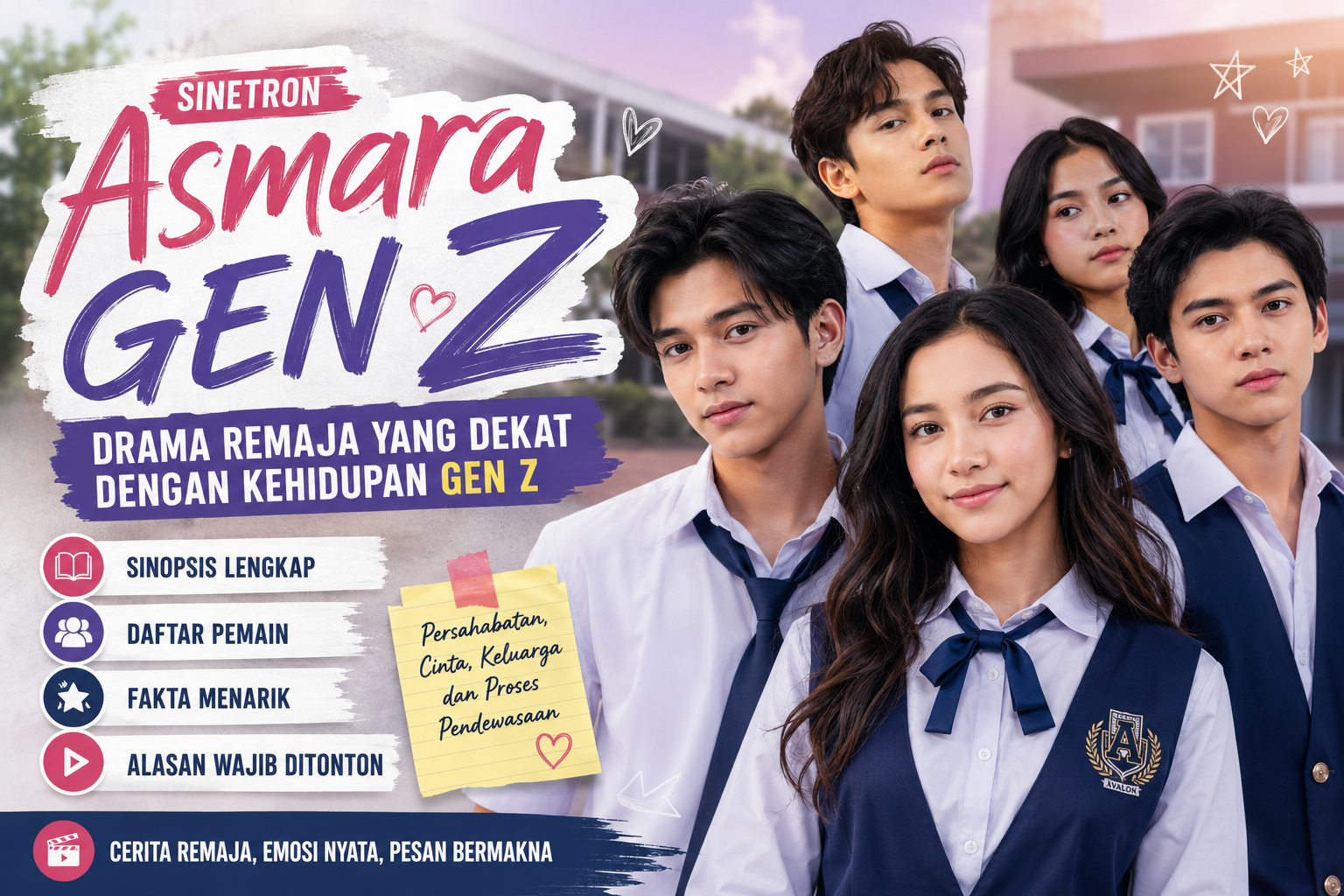 Banner Sinetron Asmara Gen Z menampilkan ilustrasi drama remaja Indonesia dengan tema persahabatan, cinta, dan kehidupan sekolah.