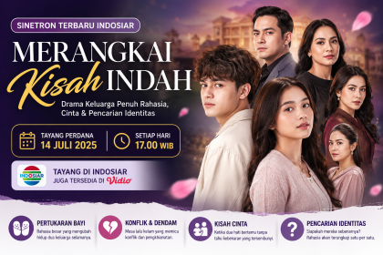 Banner sinetron Merangkai Kisah Indah lengkap dengan jadwal tayang perdana 14 Juli 2025 di Indosiar, sinopsis, dan para pemeran utama.