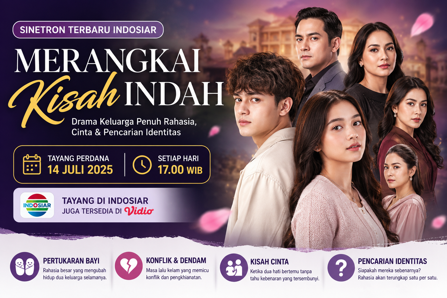 Banner sinetron Merangkai Kisah Indah lengkap dengan jadwal tayang perdana 14 Juli 2025 di Indosiar, sinopsis, dan para pemeran utama.