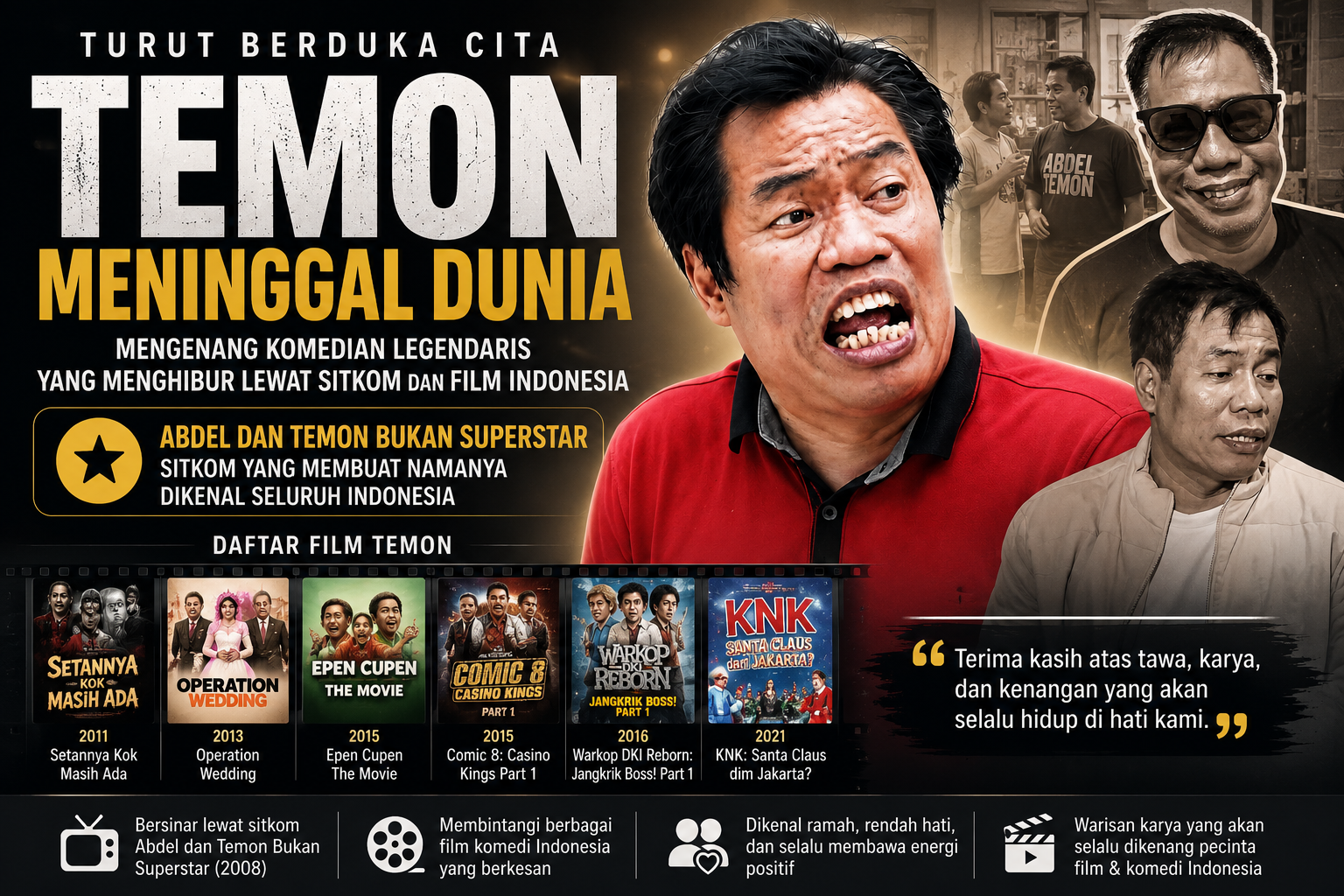 Temon meninggal dunia, mengenang perjalanan karier komedian Indonesia yang terkenal lewat sitkom Abdel dan Temon Bukan Superstar serta berbagai film layar lebar.
